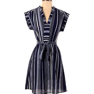 Monteau Navy and White Striped Belted Dress Midi Size Small Boho Vintage Style